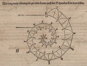 Determinazione delle lunghezze delle spine applicate di una spirale tangente da Albrecht Dürer